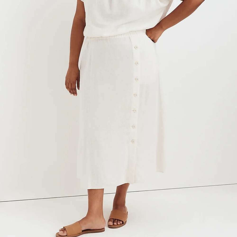Madewell Linen Blend Side Button Midi Skirt Off White Elastic Waist NWT